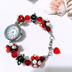 Red lampwork beaded watch handmade